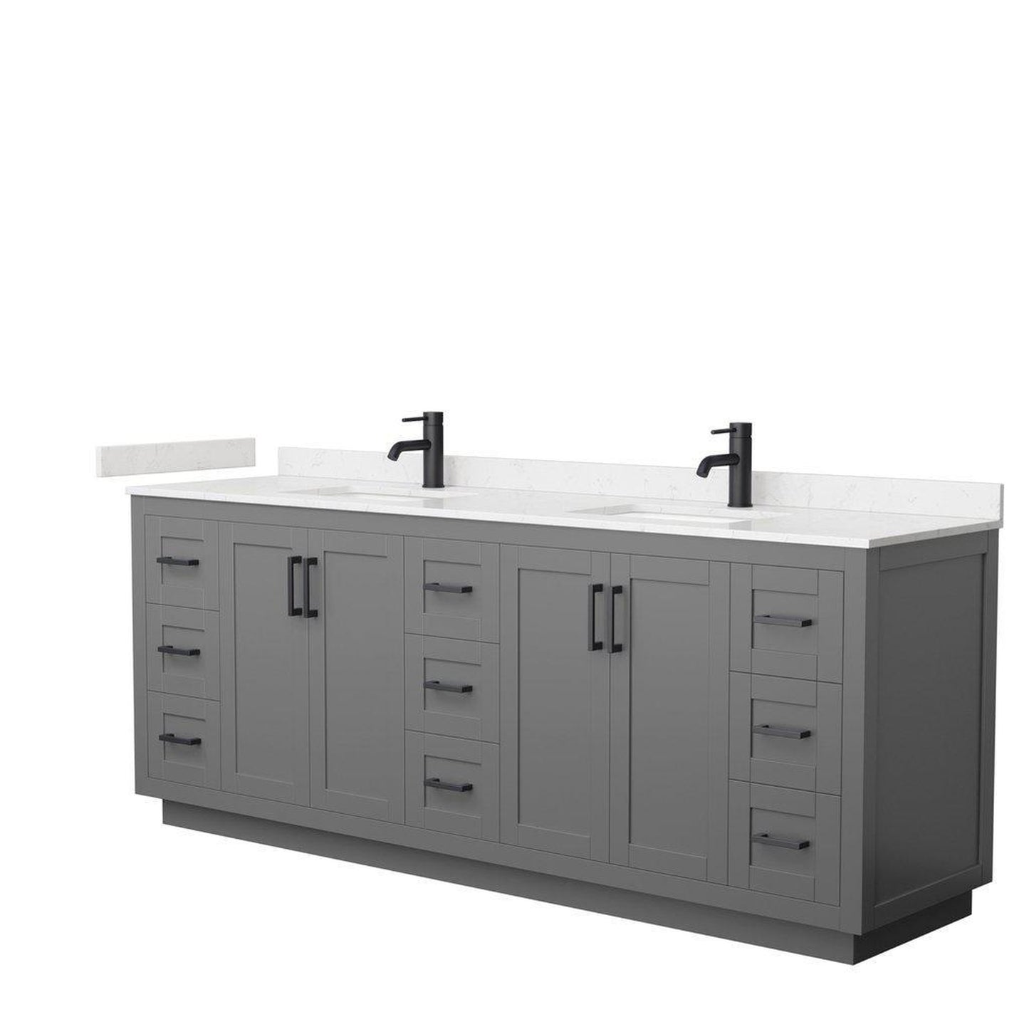 Wyndham Collection Miranda 84" Double Bathroom Dark Gray Vanity Set With Light-Vein Carrara Cultured Marble Countertop, Undermount Square Sink, And Matte Black Trim