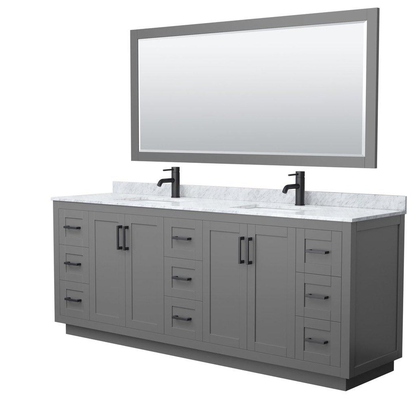 Wyndham Collection Miranda 84" Double Bathroom Dark Gray Vanity Set With White Carrara Marble Countertop, Undermount Square Sink, 70" Mirror And Matte Black Trim