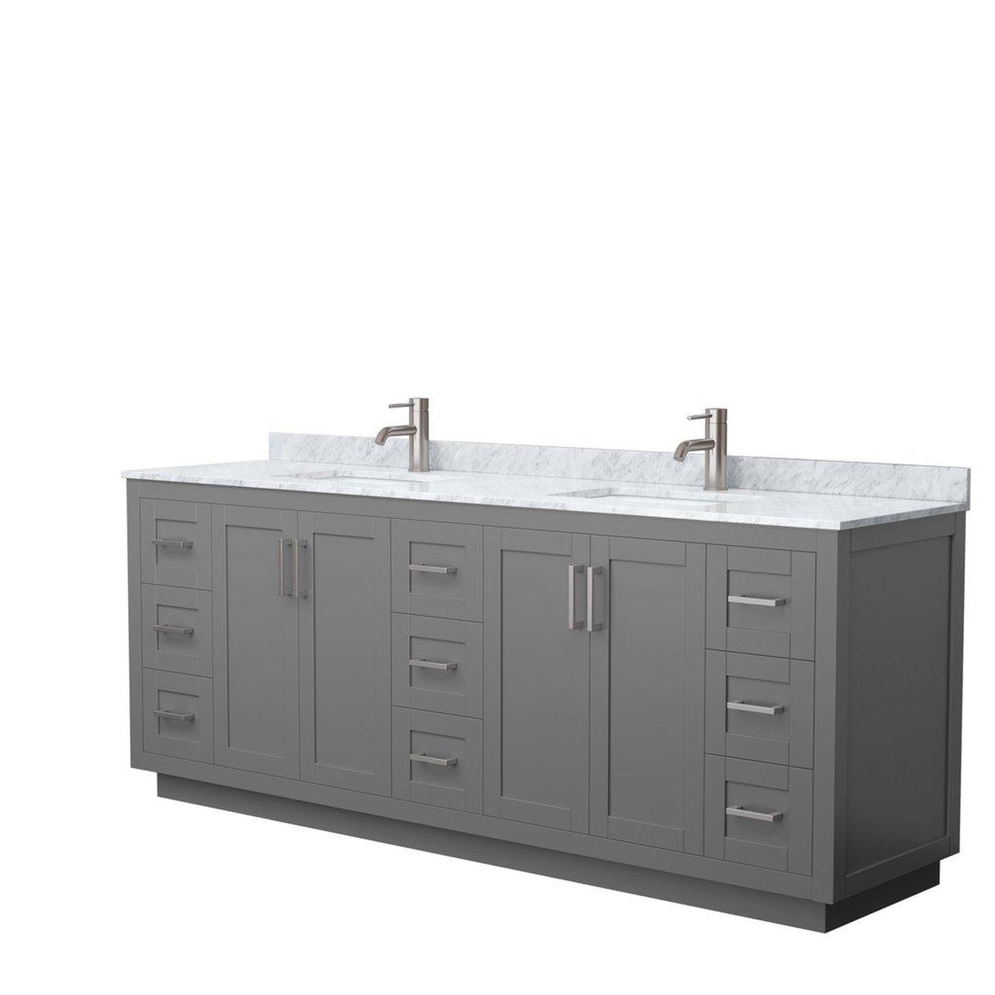 Wyndham Collection Miranda 84" Double Bathroom Dark Gray Vanity Set With White Carrara Marble Countertop, Undermount Square Sink, And Brushed Nickel Trim