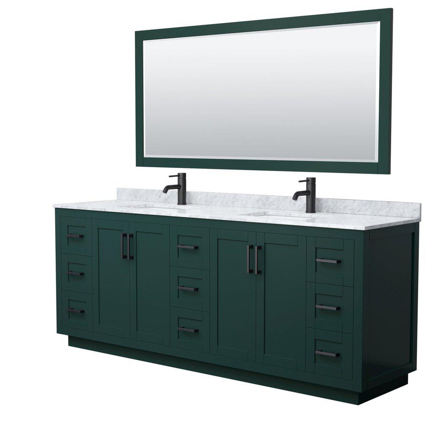 Wyndham Collection Miranda 84" Double Bathroom Green Vanity Set With White Carrara Marble Countertop, Undermount Square Sink, 70" Mirror And Matte Black Trim