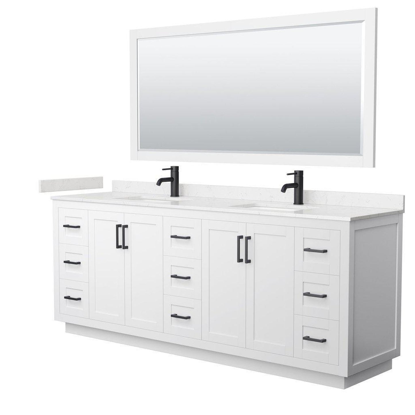 Wyndham Collection Miranda 84" Double Bathroom White Vanity Set With Light-Vein Carrara Cultured Marble Countertop, Undermount Square Sink, 70" Mirror And Matte Black Trim
