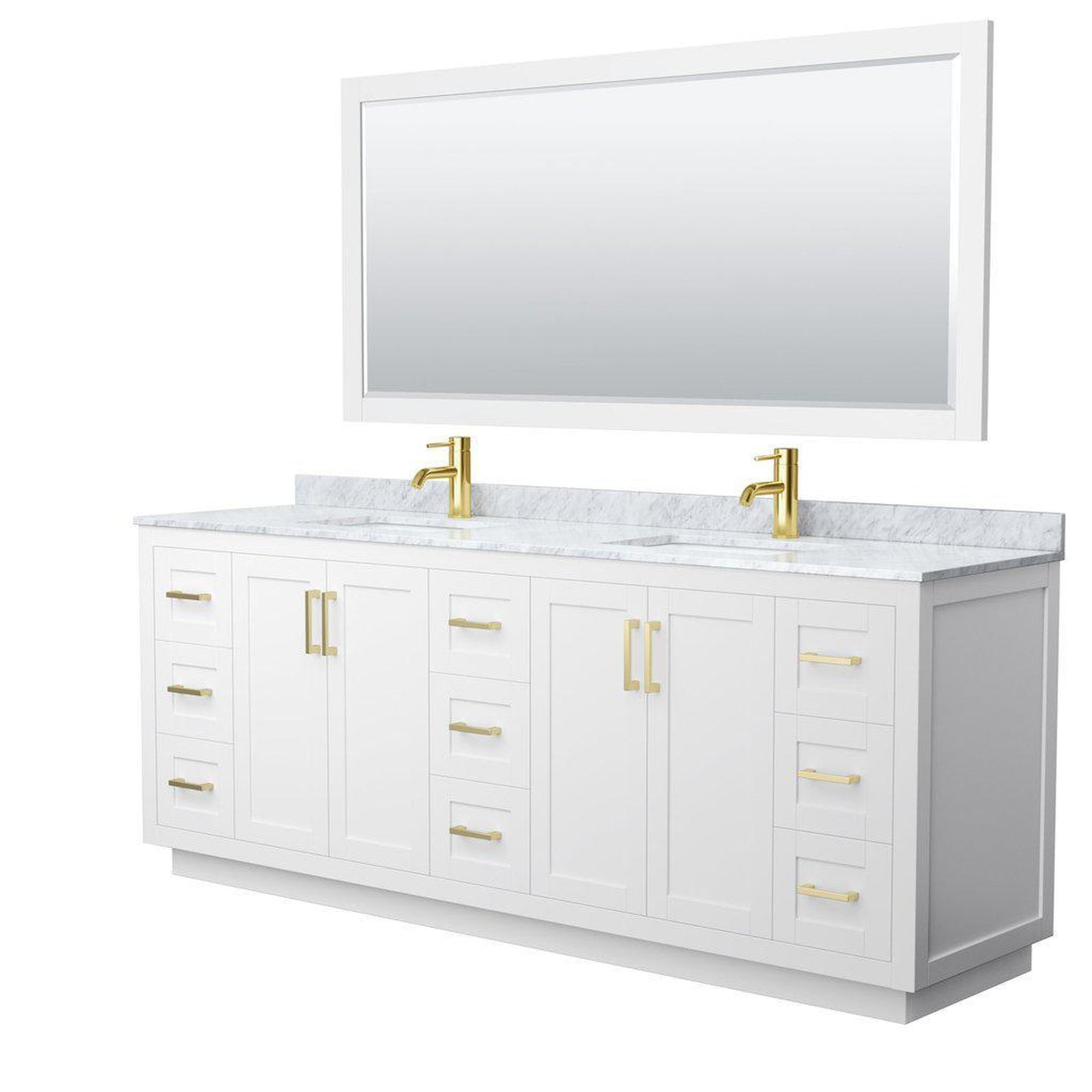 Wyndham Collection Miranda 84" Double Bathroom White Vanity Set With White Carrara Marble Countertop, Undermount Square Sink, 70" Mirror And Brushed Gold Trim