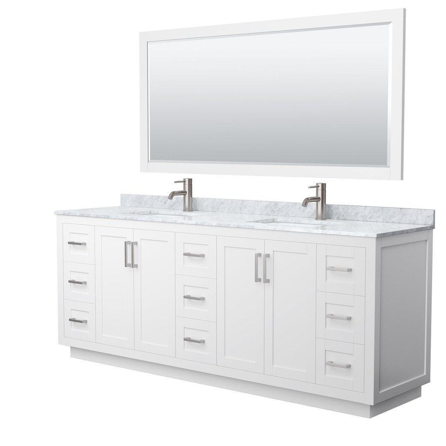 Wyndham Collection Miranda 84" Double Bathroom White Vanity Set With White Carrara Marble Countertop, Undermount Square Sink, 70" Mirror And Brushed Nickel Trim