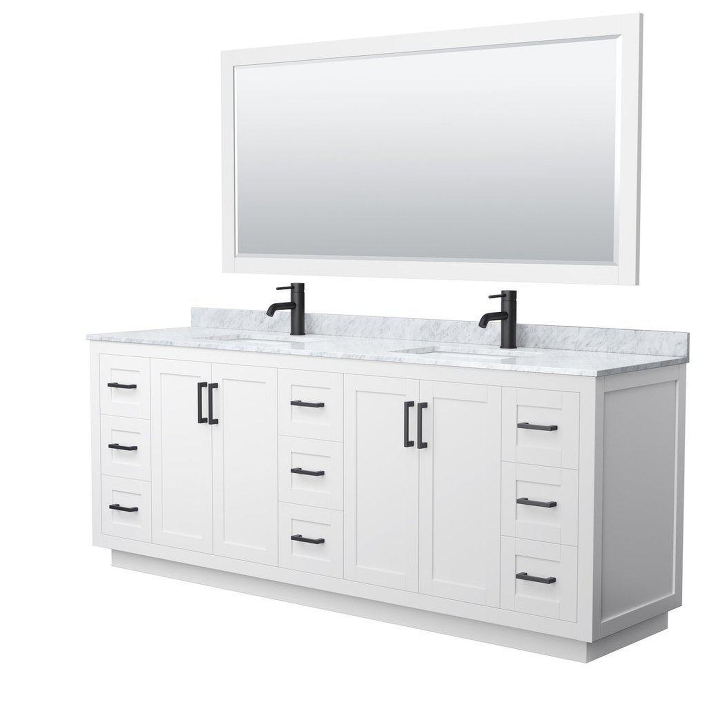 Wyndham Collection Miranda 84" Double Bathroom White Vanity Set With White Carrara Marble Countertop, Undermount Square Sink, 70" Mirror And Matte Black Trim