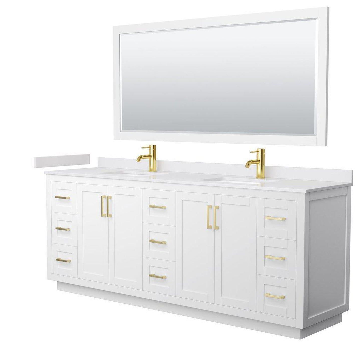 Wyndham Collection Miranda 84" Double Bathroom White Vanity Set With White Cultured Marble Countertop, Undermount Square Sink, 70" Mirror And Brushed Gold Trim