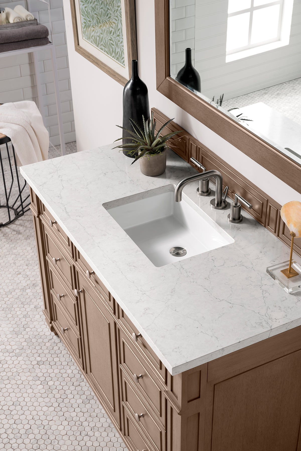 James Martin Vanities Bristol 48" Whitewashed Walnut Single Vanity With 3 CM Eternal Jasmine Pearl Silestone Top and FreePower Wireless Charger
