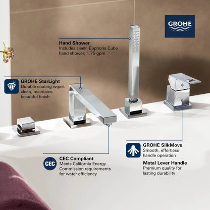 Grohe Eurocube® 4-Hole Single-Handle Deck Mount StarLight Chrome Roman Tub Faucet With 1.75 GPM Hand Shower
