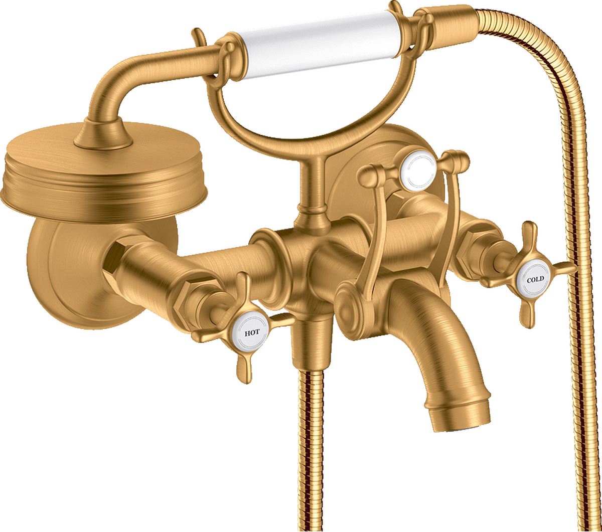 Axor Montreux 5.3 GPM 2-Cross Handle Wall Mounted Brushed Gold Optic Tub Filler With 1.8 GPM Handshower