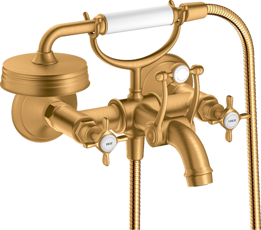 Axor Montreux 5.3 GPM 2-Cross Handle Wall Mounted Brushed Gold Optic Tub Filler With 1.8 GPM Handshower