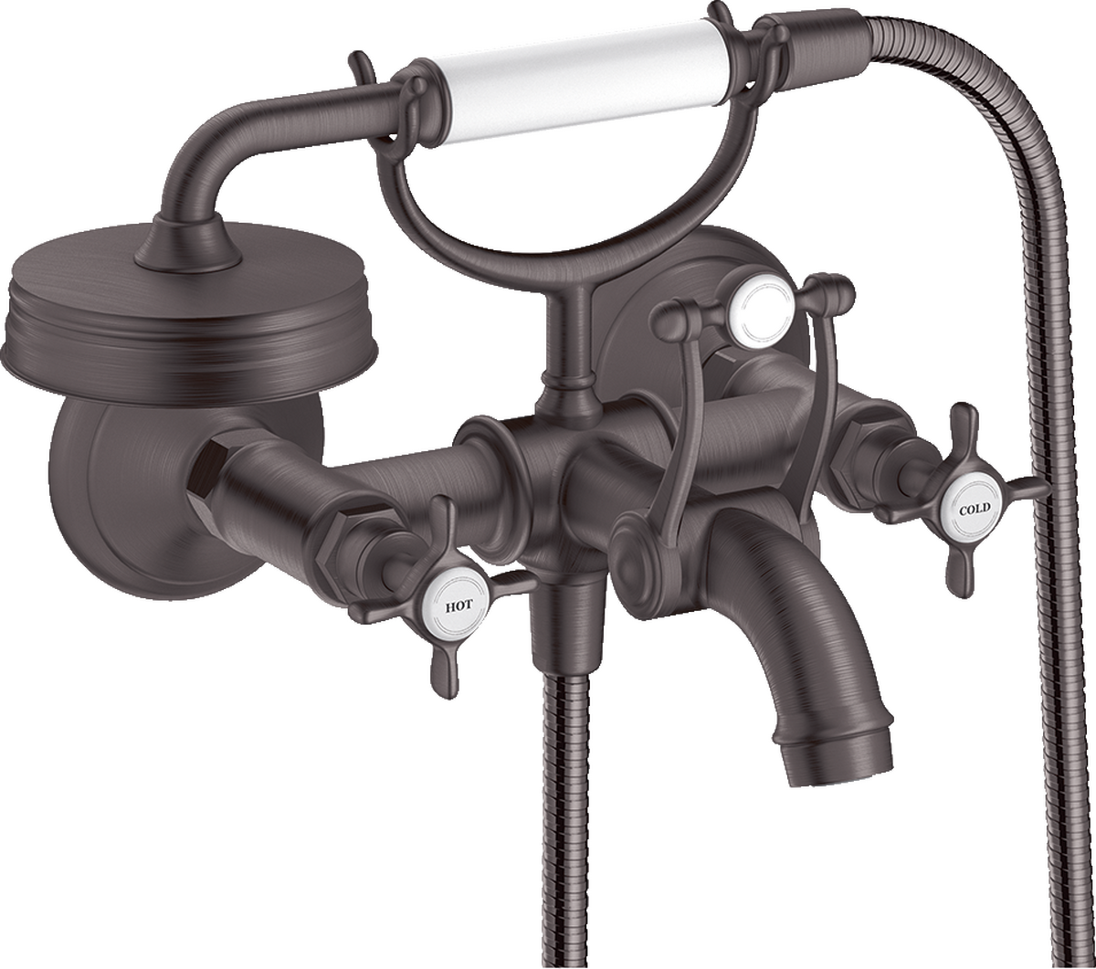 Axor Montreux 5.3 GPM 2-Cross Handle Wall Mounted Brushed Black Chrome Tub Filler With 1.8 GPM Handshower