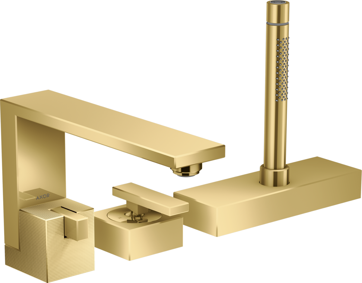 Axor Edge 5.0 GPM 3-Hole Diamond Cut Polished Gold Optic Roman Tub Set Trim With 1.75 GPM Handshower