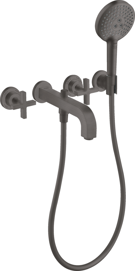 Axor Citterio 1.75 GPM 3-Hole Cross Handles Brushed Black Chrome Wall Mounted Tub Trim With Handshower