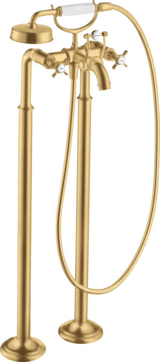 Axor Montreux 4.75 GPM 2 Cross Handles Brushed Gold Optic Freestanding Tub Filler Trim With 1.8 GPM Handshower