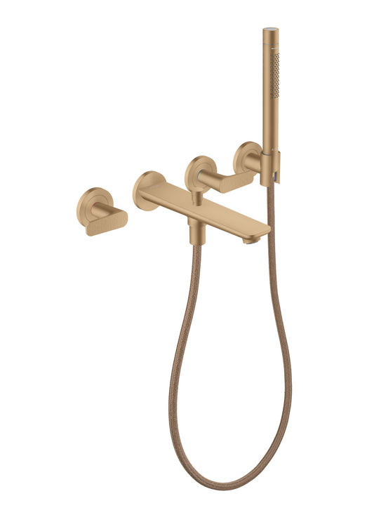 Axor Citterio C 1.75 GPM 3-Hole Brushed Bronze Wall Mounted Tub Filler With Cubic Cut Handshower and Holder