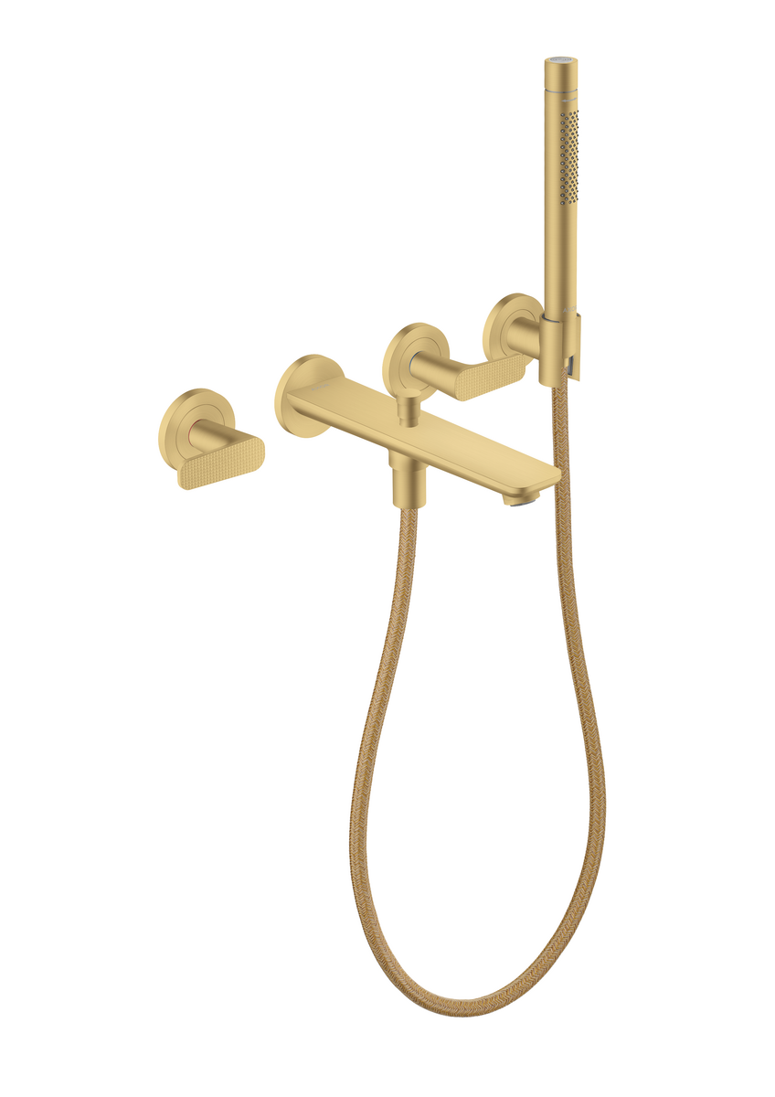 Axor Citterio C 1.75 GPM 3-Hole Brushed Gold Optic Wall Mounted Tub Filler With Cubic Cut Handshower and Holder