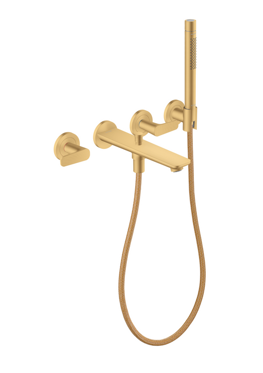 Axor Citterio C 1.75 GPM 3-Hole Brushed Gold Optic Wall Mounted Tub Filler With Cubic Cut Handshower and Holder