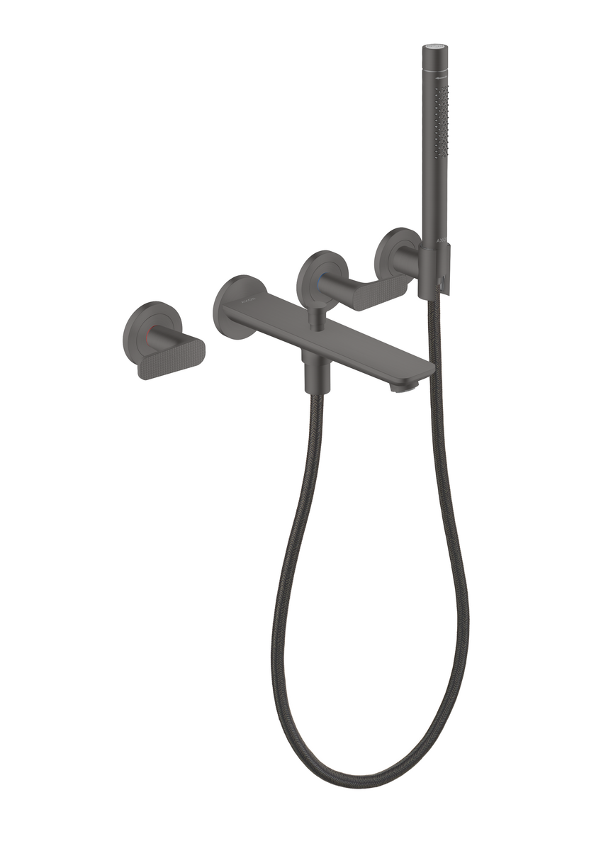 Axor Citterio C 1.75 GPM 3-Hole Brushed Black Chrome Wall Mounted Tub Filler With Cubic Cut Handshower and Holder