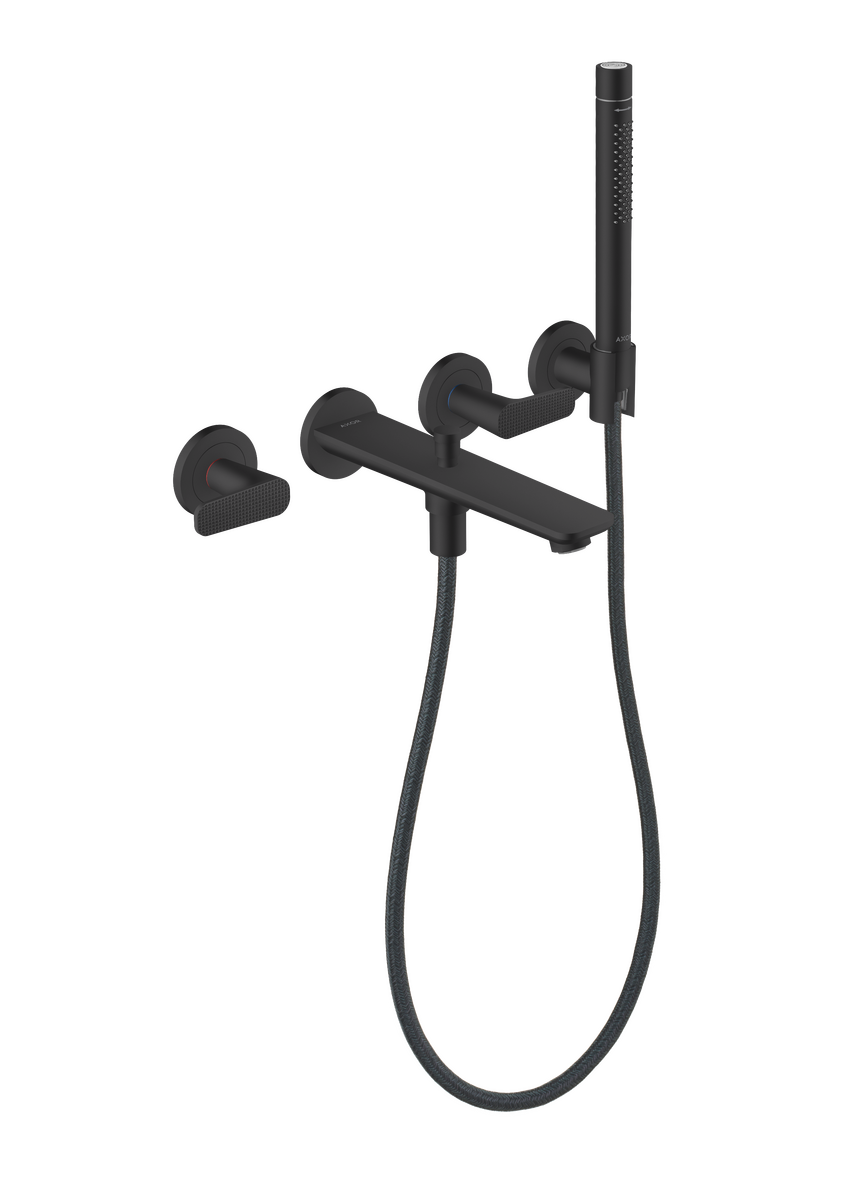 Axor Citterio C 1.75 GPM 3-Hole Matte Black Wall Mounted Tub Filler With Cubic Cut Handshower and Holder