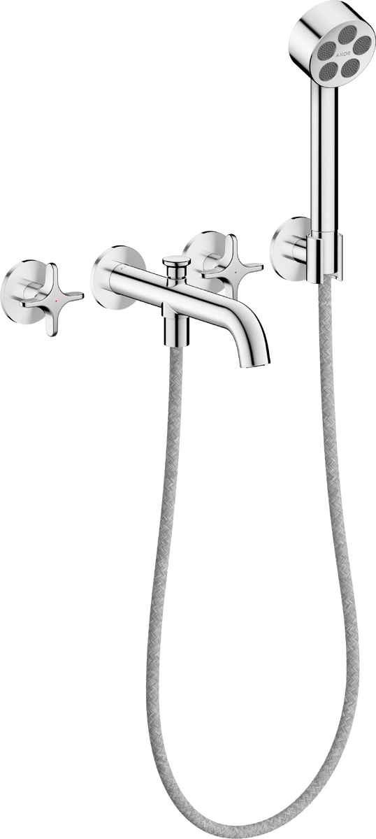 Axor One 1.75 GPM 3-Hole Cross Handles Chrome Wall Mounted Tub Filler With Handshower and Holder