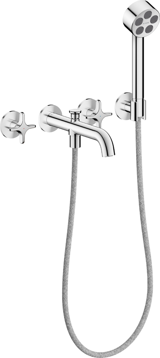 Axor One 1.75 GPM 3-Hole Cross Handles Chrome Wall Mounted Tub Filler With Handshower and Holder