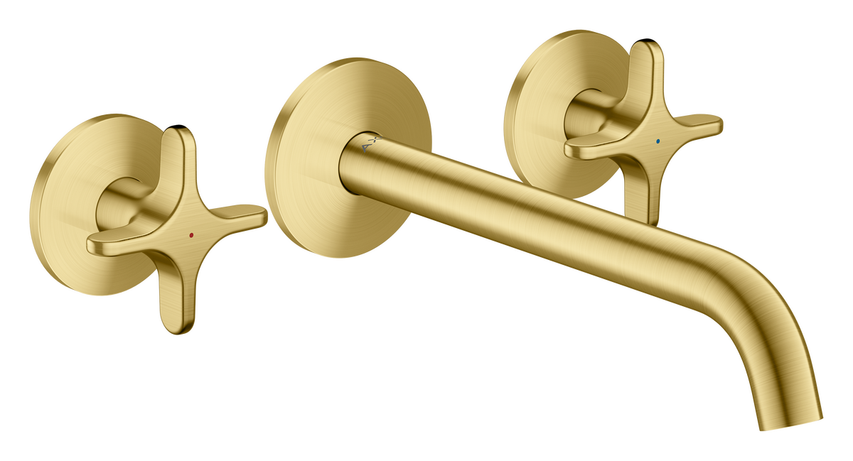 Axor One 5.3 GPM 3-Hole 220 Cross Handle Wall Mounted Brushed Brass Chrome Tub Filler