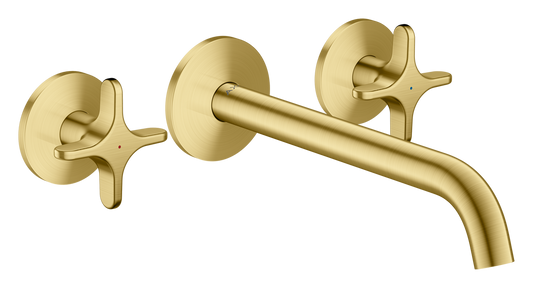 Axor One 5.3 GPM 3-Hole 220 Cross Handle Wall Mounted Brushed Brass Chrome Tub Filler