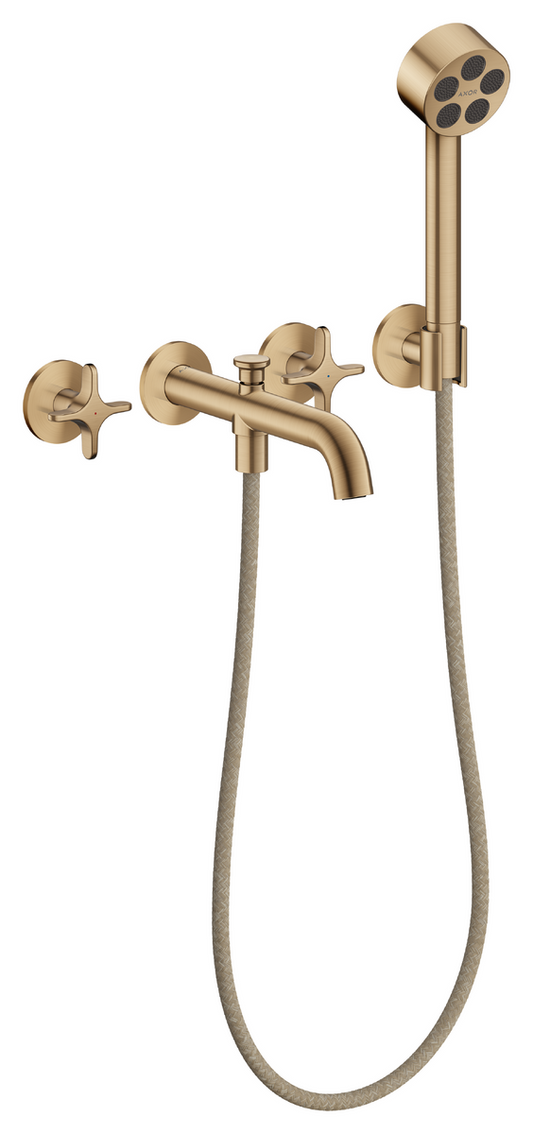 Axor One 1.75 GPM 3-Hole Cross Handles Brushed Bronze Wall Mounted Tub Filler With Handshower and Holder