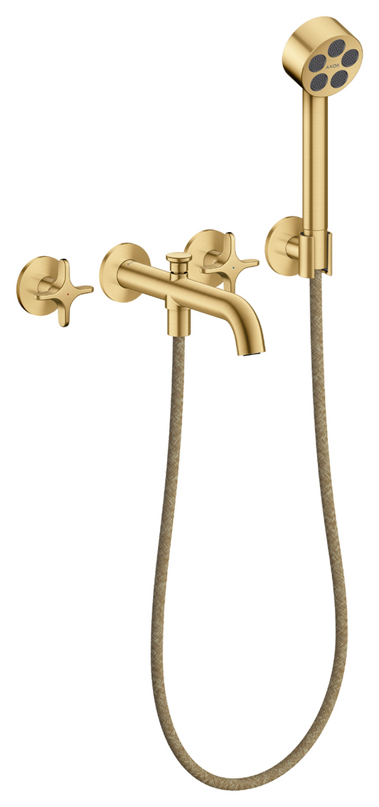 Axor One 1.75 GPM 3-Hole Cross Handles Brushed Gold Optic Wall Mounted Tub Filler With Handshower and Holder