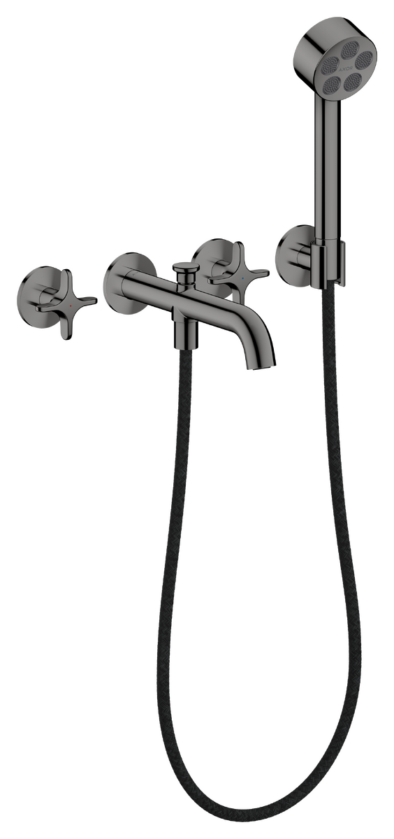 Axor One 1.75 GPM 3-Hole Cross Handles Polished Black Chrome Wall Mounted Tub Filler With Handshower and Holder