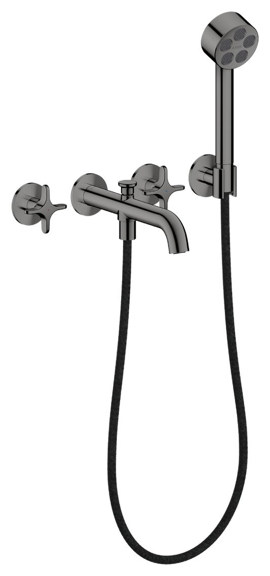 Axor One 1.75 GPM 3-Hole Cross Handles Polished Black Chrome Wall Mounted Tub Filler With Handshower and Holder