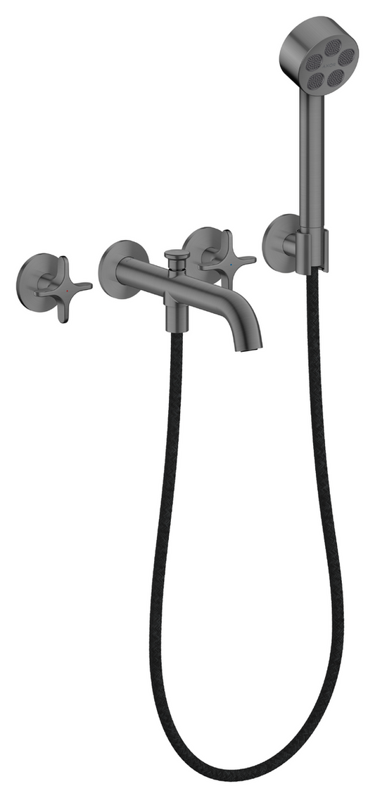 Axor One 1.75 GPM 3-Hole Cross Handles Brushed Black Chrome Wall Mounted Tub Filler With Handshower and Holder