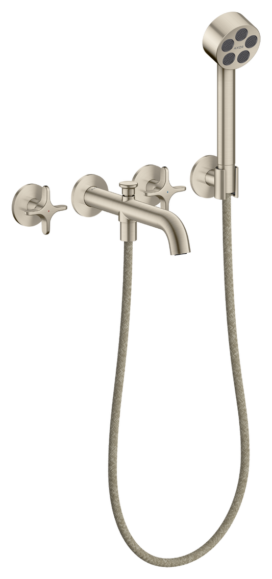 Axor One 1.75 GPM 3-Hole Cross Handles Brushed Nickel Wall Mounted Tub Filler With Handshower and Holder