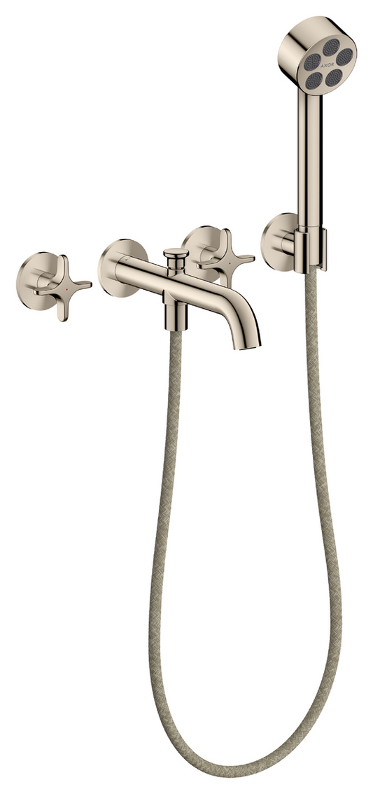 Axor One 1.75 GPM 3-Hole Cross Handles Polished Nickel Wall Mounted Tub Filler With Handshower and Holder