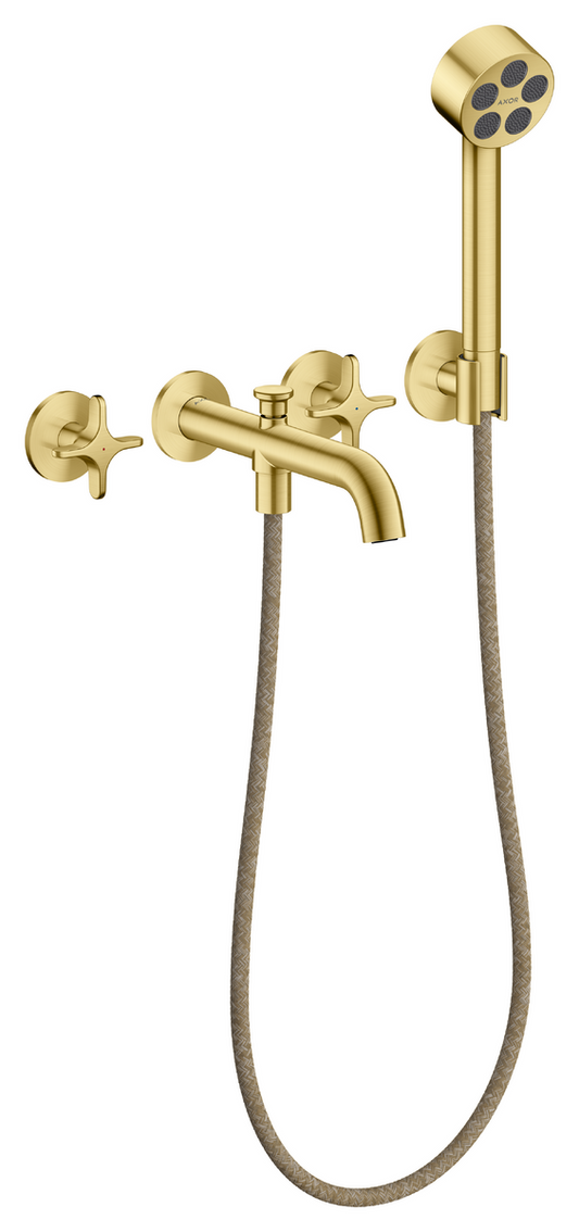 Axor One 1.75 GPM 3-Hole Cross Handles Brushed Brass Wall Mounted Tub Filler With Handshower and Holder