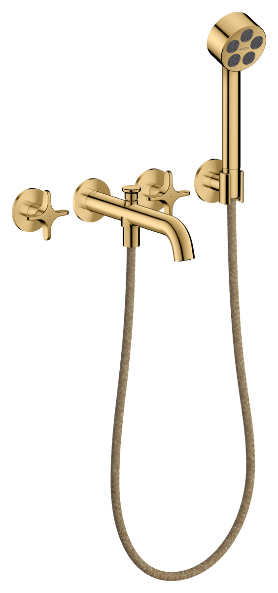 Axor One 1.75 GPM 3-Hole Cross Handles Polished Gold Optic Wall Mounted Tub Filler With Handshower and Holder