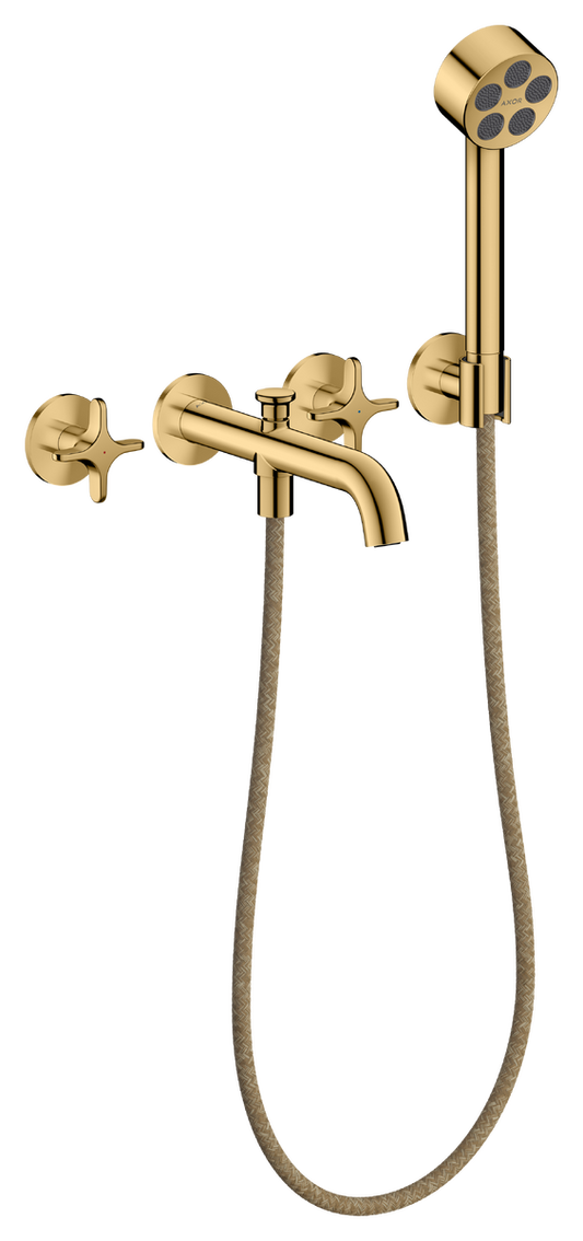 Axor One 1.75 GPM 3-Hole Cross Handles Polished Gold Optic Wall Mounted Tub Filler With Handshower and Holder