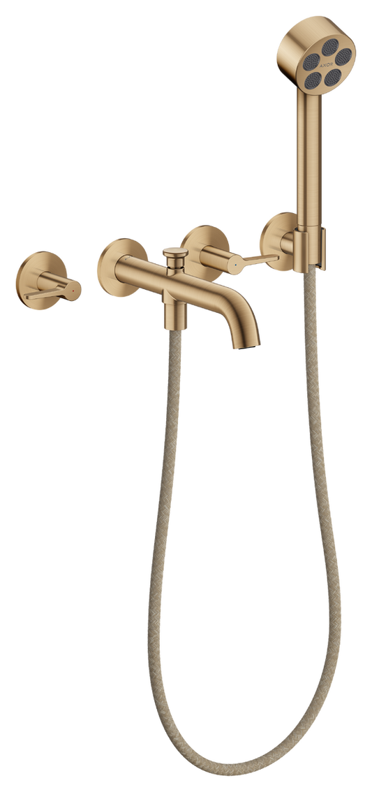 Axor One 1.75 GPM 3-Hole Lever Handles Brushed Bronze Wall Mounted Tub Filler With Handshower and Holder