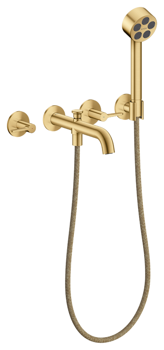 Axor One 1.75 GPM 3-Hole Lever Handles Brushed Gold Optic Wall Mounted Tub Filler With Handshower and Holder