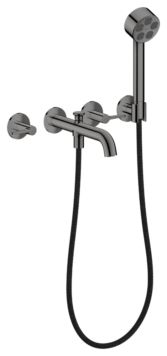 Axor One 1.75 GPM 3-Hole Lever Handles Polished Black Chrome Wall Mounted Tub Filler With Handshower and Holder