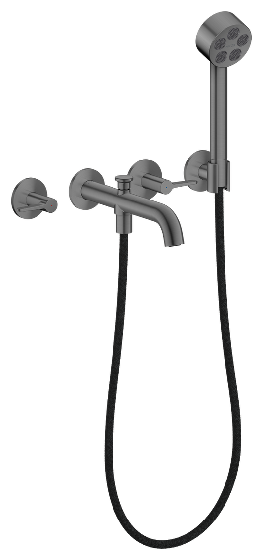 Axor One 1.75 GPM 3-Hole Lever Handles Brushed Black Chrome Wall Mounted Tub Filler With Handshower and Holder