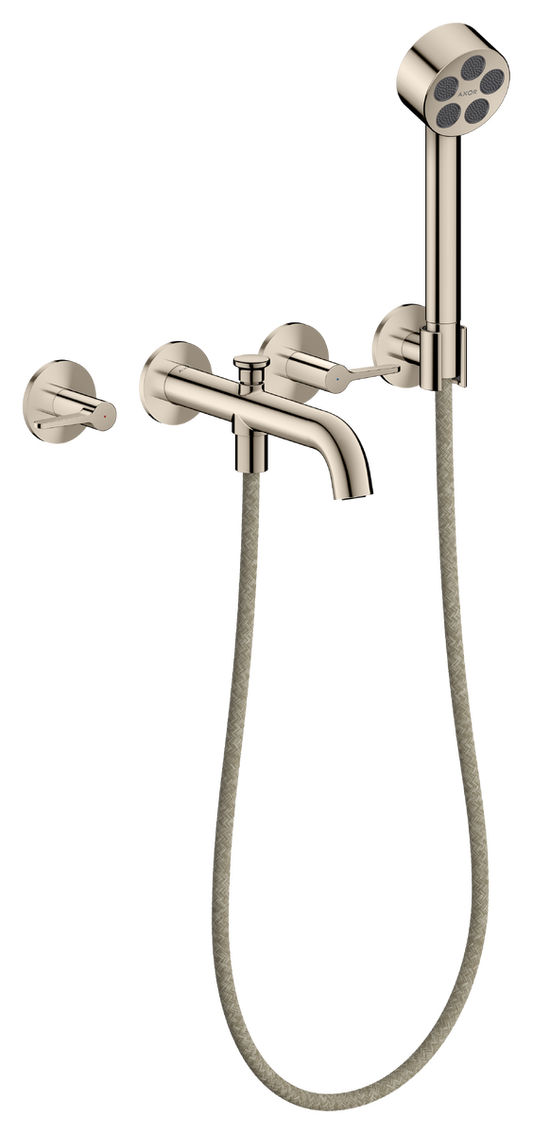 Axor One 1.75 GPM 3-Hole Lever Handles Polished Nickel Wall Mounted Tub Filler With Handshower and Holder
