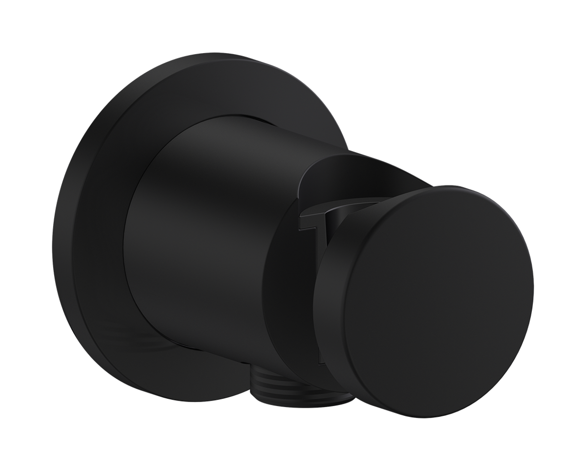 Axor One Round Metal Matte Black Wall Outlet With Handshower Holder and Check Valves