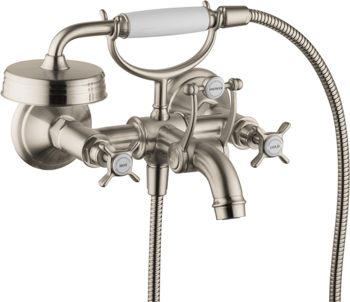 Axor Montreux 5.3 GPM 2-Cross Handle Wall Mounted Brushed Nickel Tub Filler With 1.8 GPM Handshower