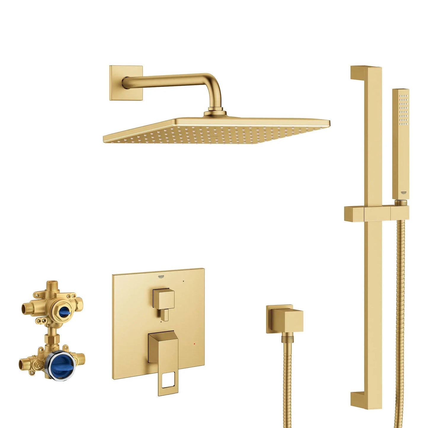 Grohe Eurocube 2-Handle Brushed Cool Sunrise Pressure Balance Rainshower Bundle
