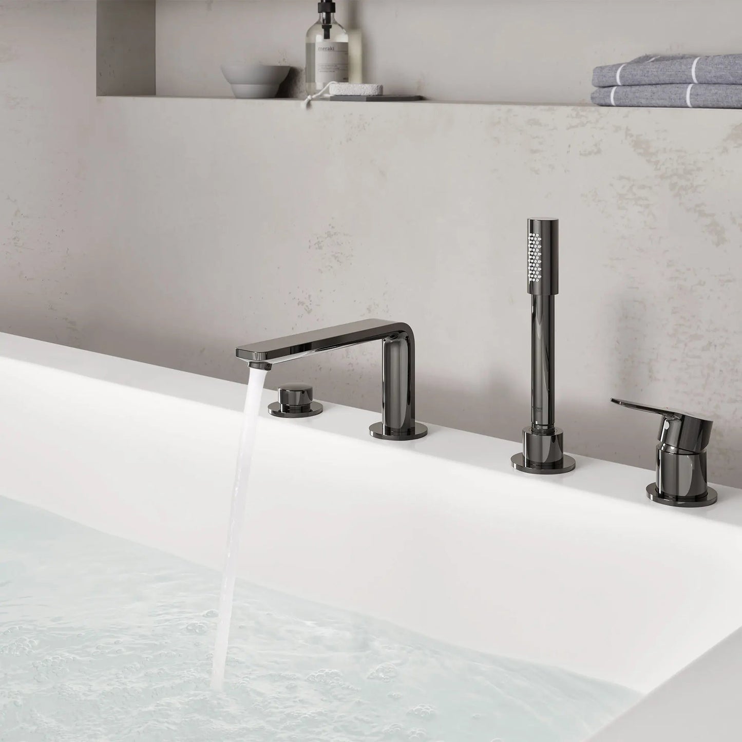 Grohe Lineare™ 4-Hole Single-Handle Deck Mount Hard Graphite Roman Tub Faucet With 1.75 GPM Hand Shower