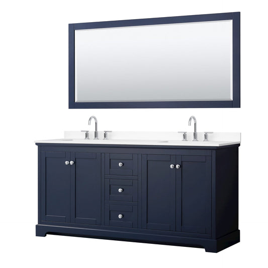 Wyndham Collection Avery 72" Double Bathroom Vanity in Dark Blue, White Cultured Marble Countertop, Undermount Square Sinks (3-Hole), Polished Chrome Trim and 70" Mirror