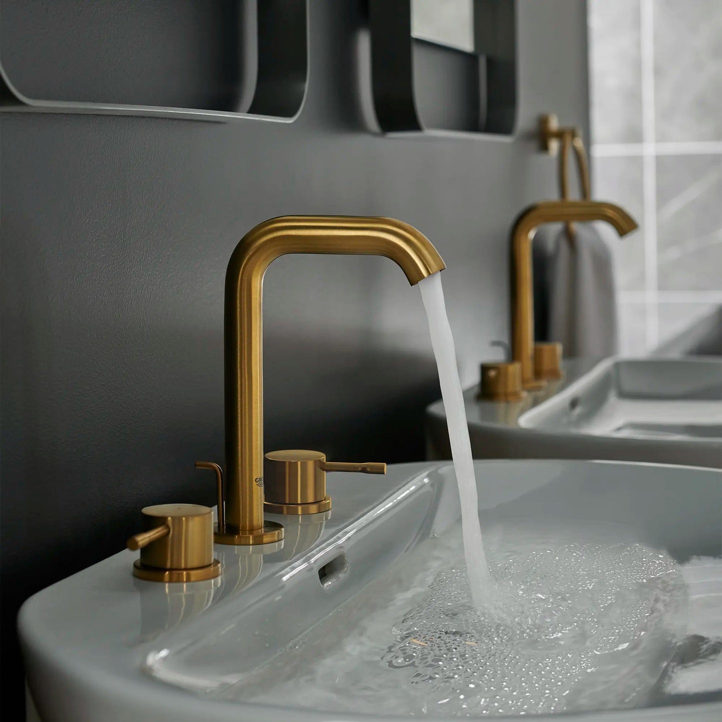 Grohe Essence 8" 1.2 GPM Two-Handle Wall Mount Widespread Brushed Cool Sunrise Faucet