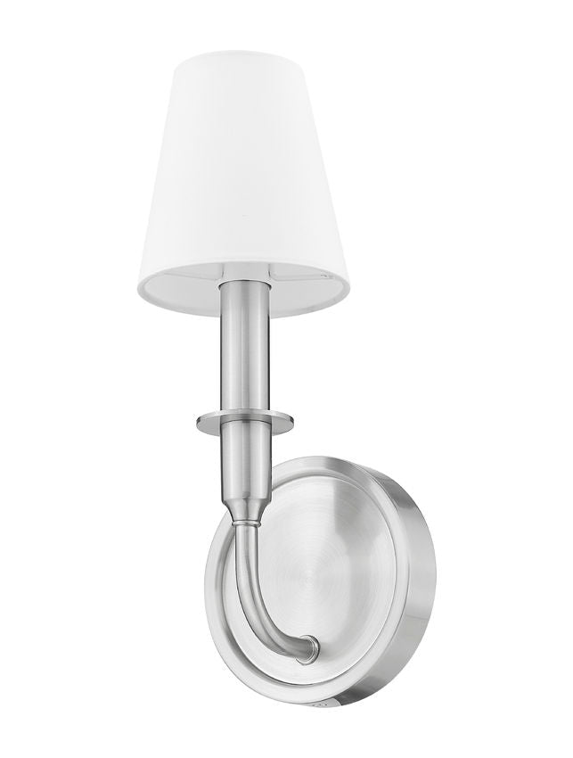 Z-Lite Tova 5" 1-Light Brushed Nickel Steel Frame White Fabric Shade Wall Sconce