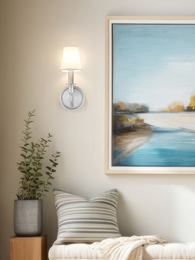 Z-Lite Tova 5" 1-Light Brushed Nickel Steel Frame White Fabric Shade Wall Sconce