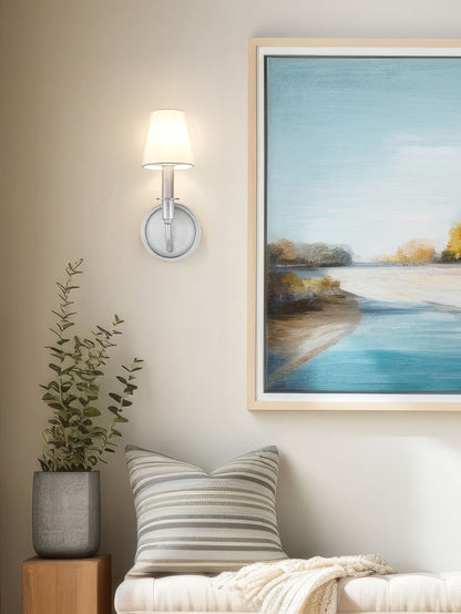 Z-Lite Tova 5" 1-Light Brushed Nickel Steel Frame White Fabric Shade Wall Sconce